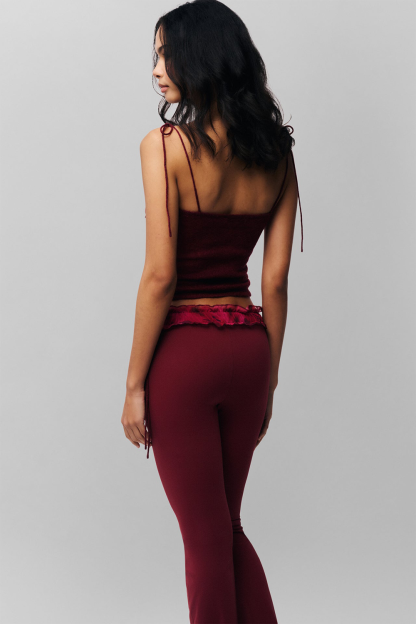 Ruched Slim Fit Knit Cami Frilled Pants 2pcs Set-Burgundy [Pre Order]