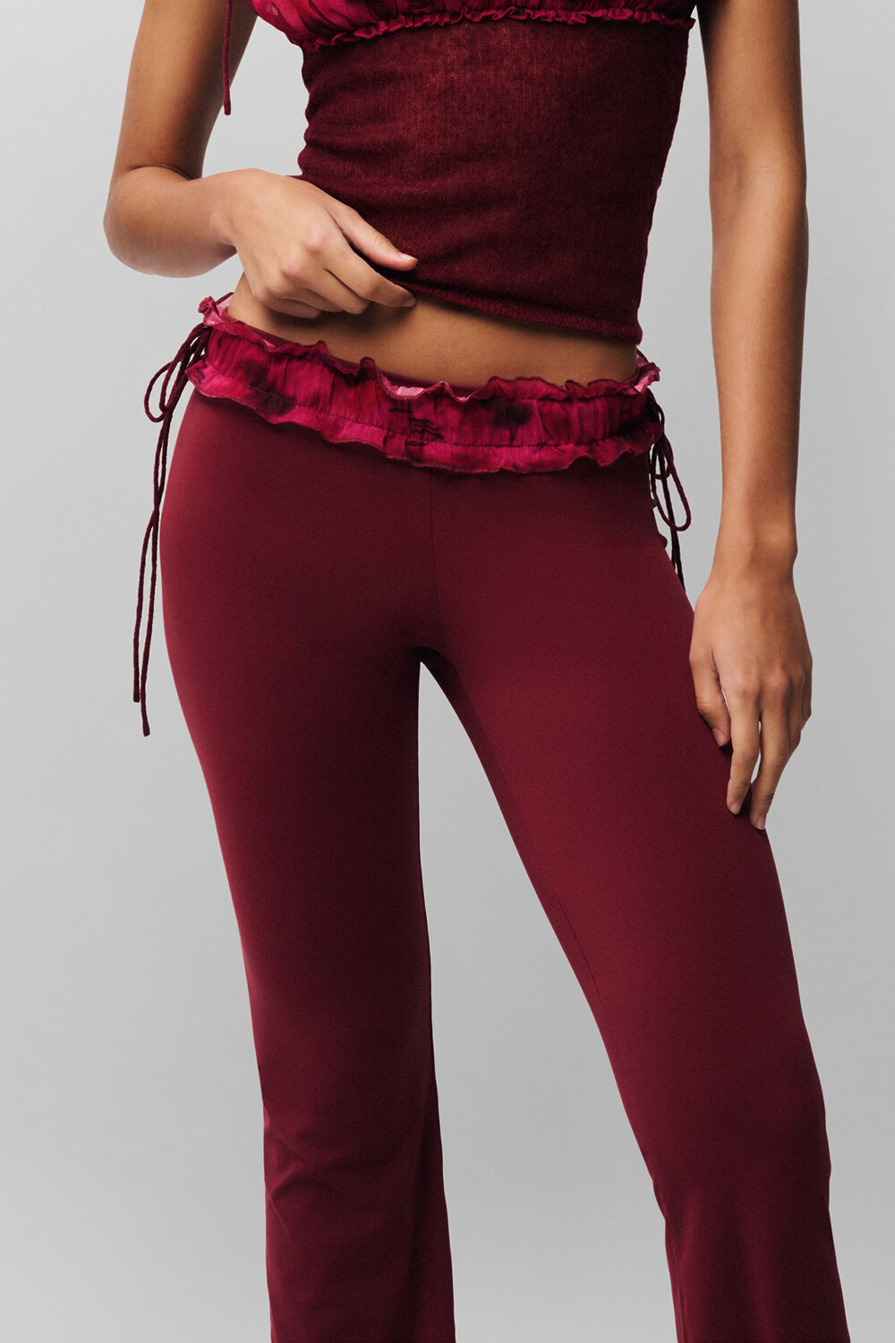 Ruched Slim Fit Knit Cami Frilled Pants 2pcs Set-Burgundy [Pre Order]