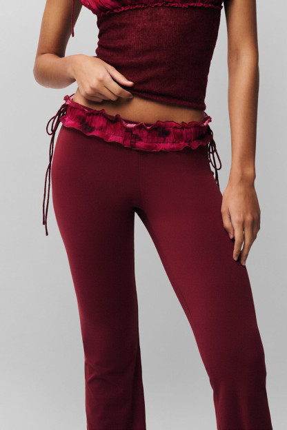 Ruched Slim Fit Knit Cami Frilled Pants 2pcs Set-Burgundy [Pre Order]