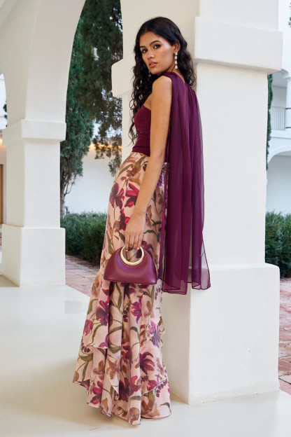 Strapless Cinch Waist Floral Print Maxi Dresses-Purple [Pre Order]