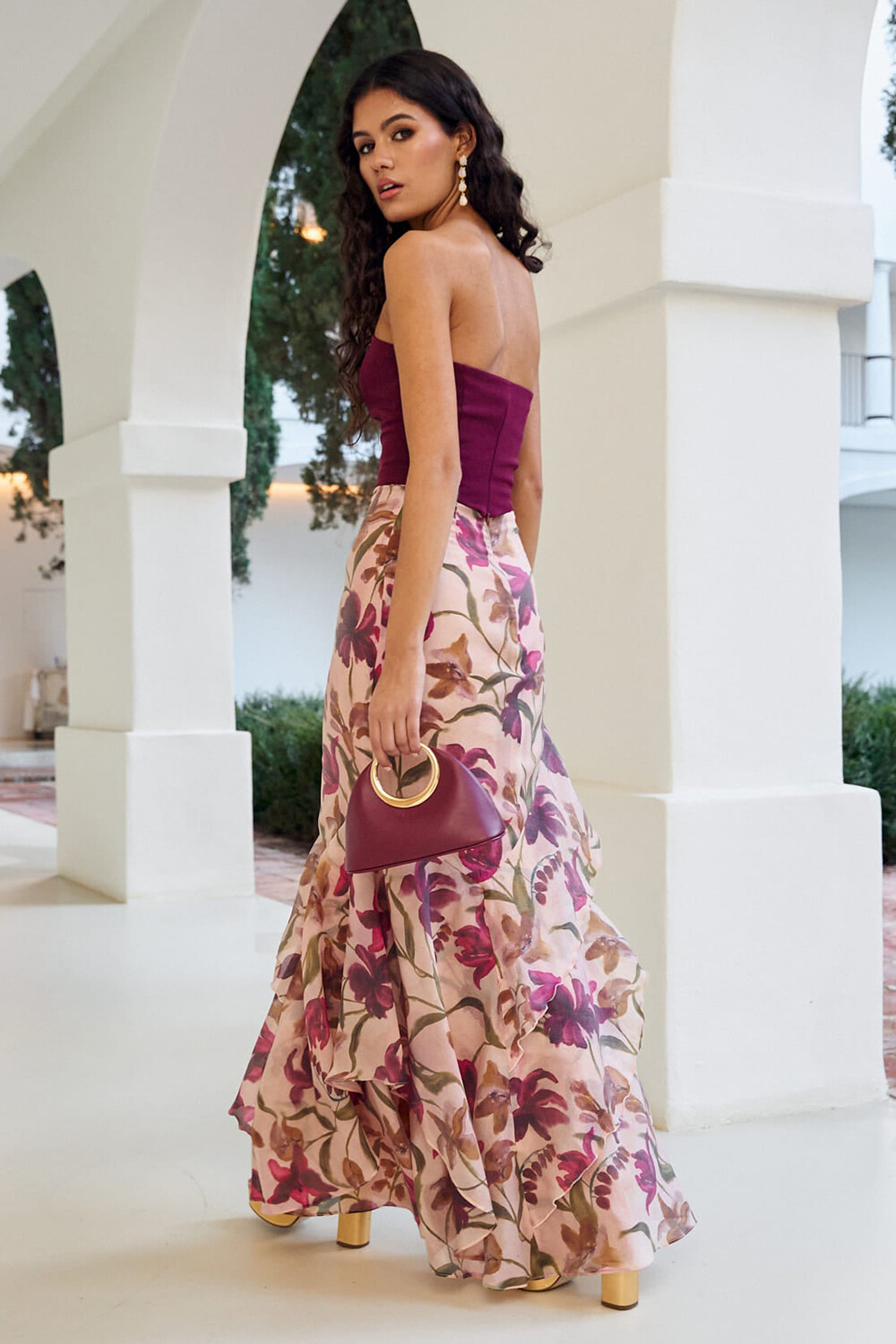 Strapless Cinch Waist Floral Print Maxi Dresses-Purple [Pre Order]