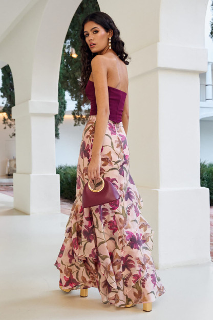 Strapless Cinch Waist Floral Print Maxi Dresses-Purple [Pre Order]