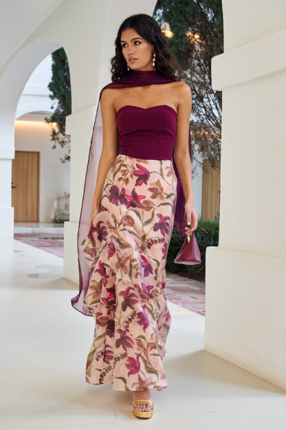Strapless Cinch Waist Floral Print Maxi Dresses-Purple [Pre Order]