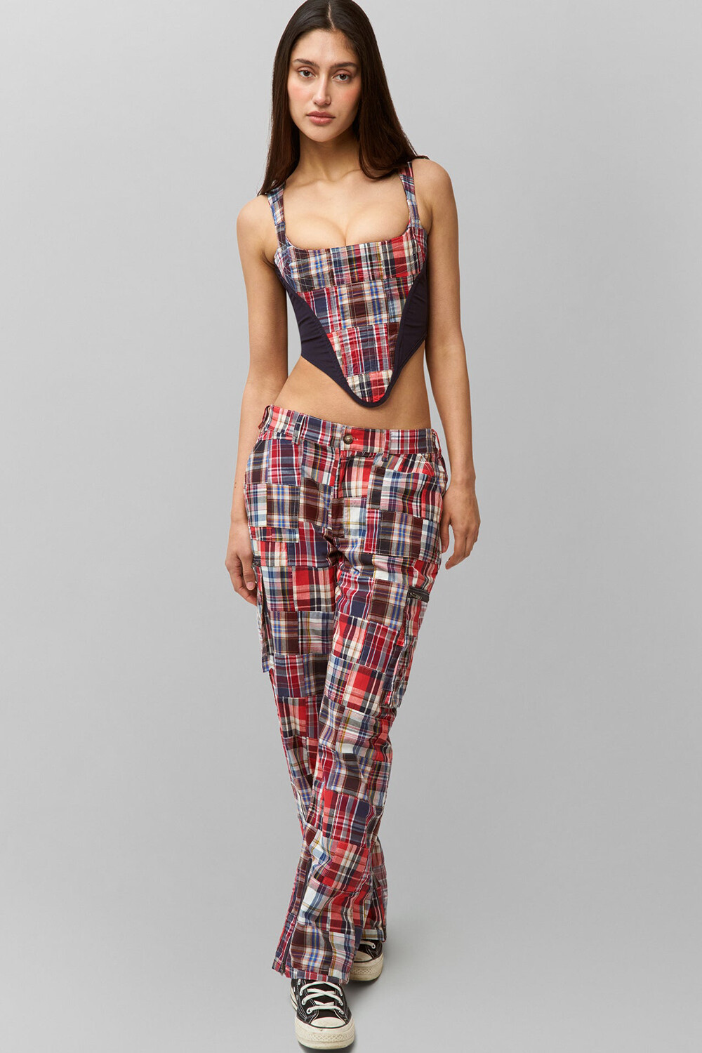 Plaid Print Irregular Crop Cami Straight Leg Pants 2pcs Set-Red [Pre Order]