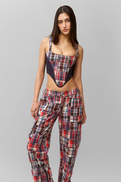Plaid Print Irregular Crop Cami Straight Leg Pants 2pcs Set-Red [Pre Order]