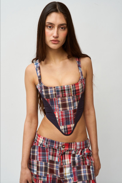 Plaid Print Irregular Crop Cami Straight Leg Pants 2pcs Set-Red [Pre Order]