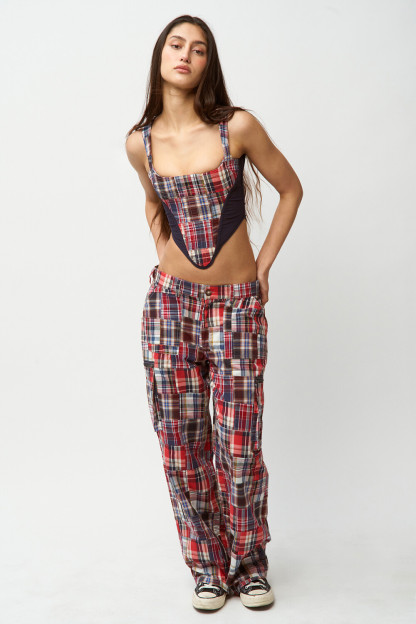 Plaid Print Irregular Crop Cami Straight Leg Pants 2pcs Set-Red [Pre Order]
