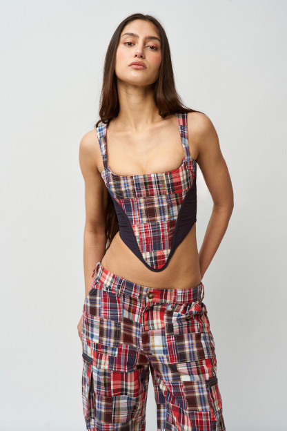 Plaid Print Irregular Crop Cami Straight Leg Pants 2pcs Set-Red [Pre Order]