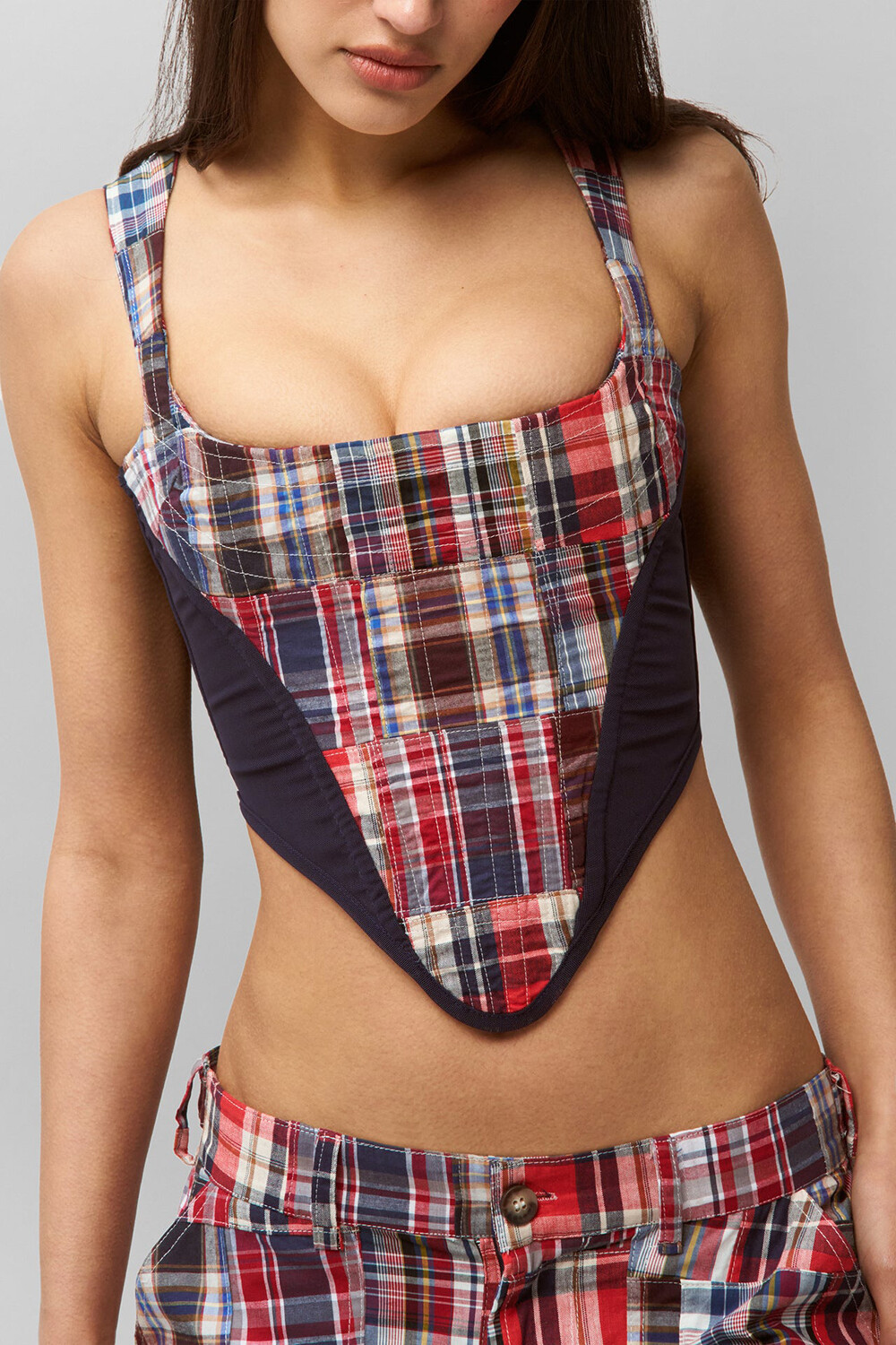 Plaid Print Irregular Crop Cami Straight Leg Pants 2pcs Set-Red [Pre Order]