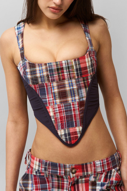 Plaid Print Irregular Crop Cami Straight Leg Pants 2pcs Set-Red [Pre Order]