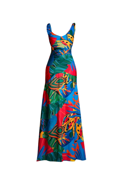 Graphic Print Cowl Neckline Slit Hem Sleeveless Maxi Dresses-Blue [Pre Order]