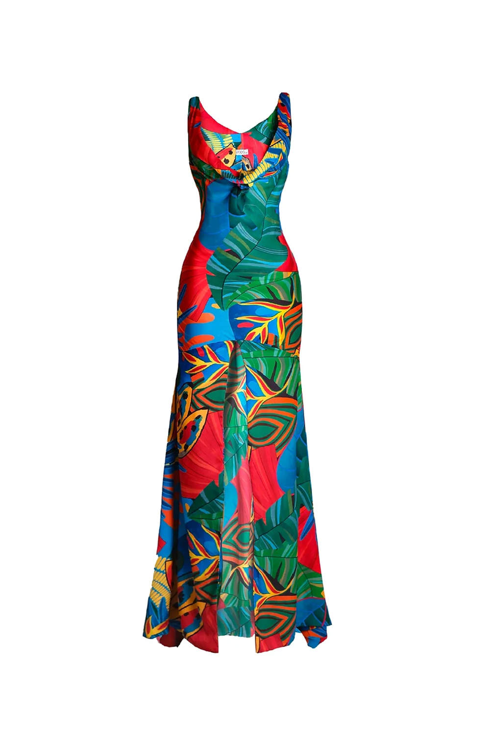 Graphic Print Cowl Neckline Slit Hem Sleeveless Maxi Dresses-Blue [Pre Order]