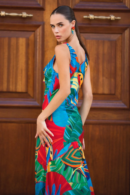 Graphic Print Cowl Neckline Slit Hem Sleeveless Maxi Dresses-Blue [Pre Order]