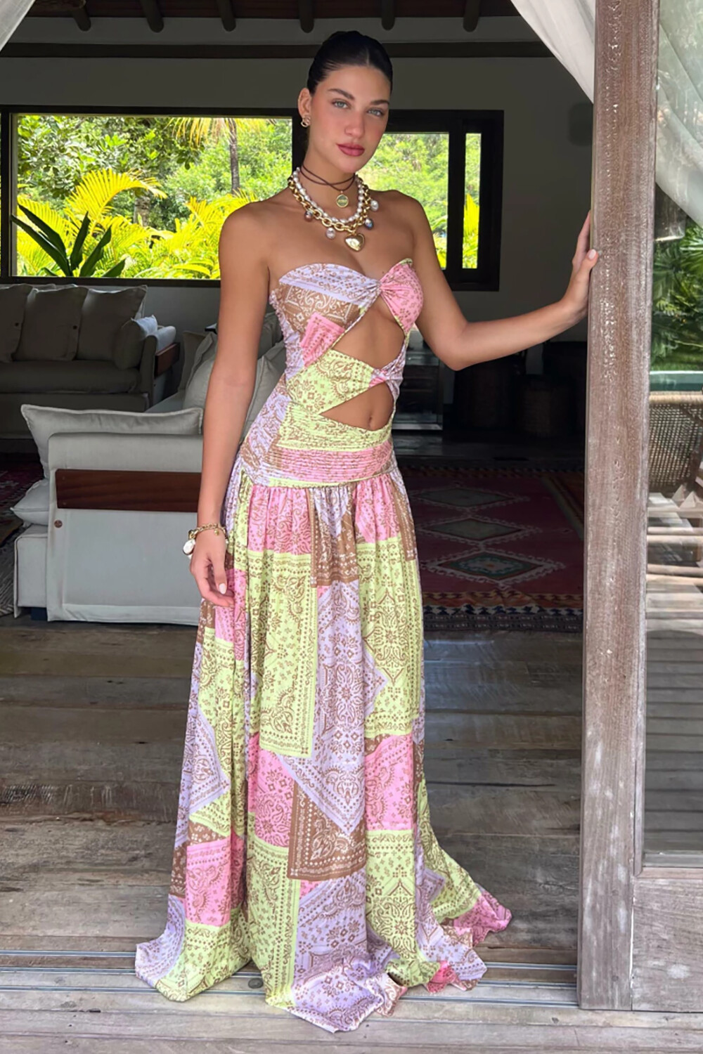 Tribal Print Strapless Cutout Slit Colorblock Maxi Dresses-Yellow [Pre Order]
