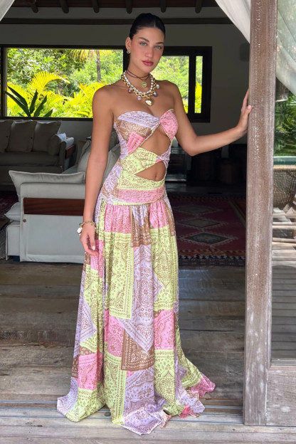 Tribal Print Strapless Cutout Slit Colorblock Maxi Dresses-Yellow [Pre Order]