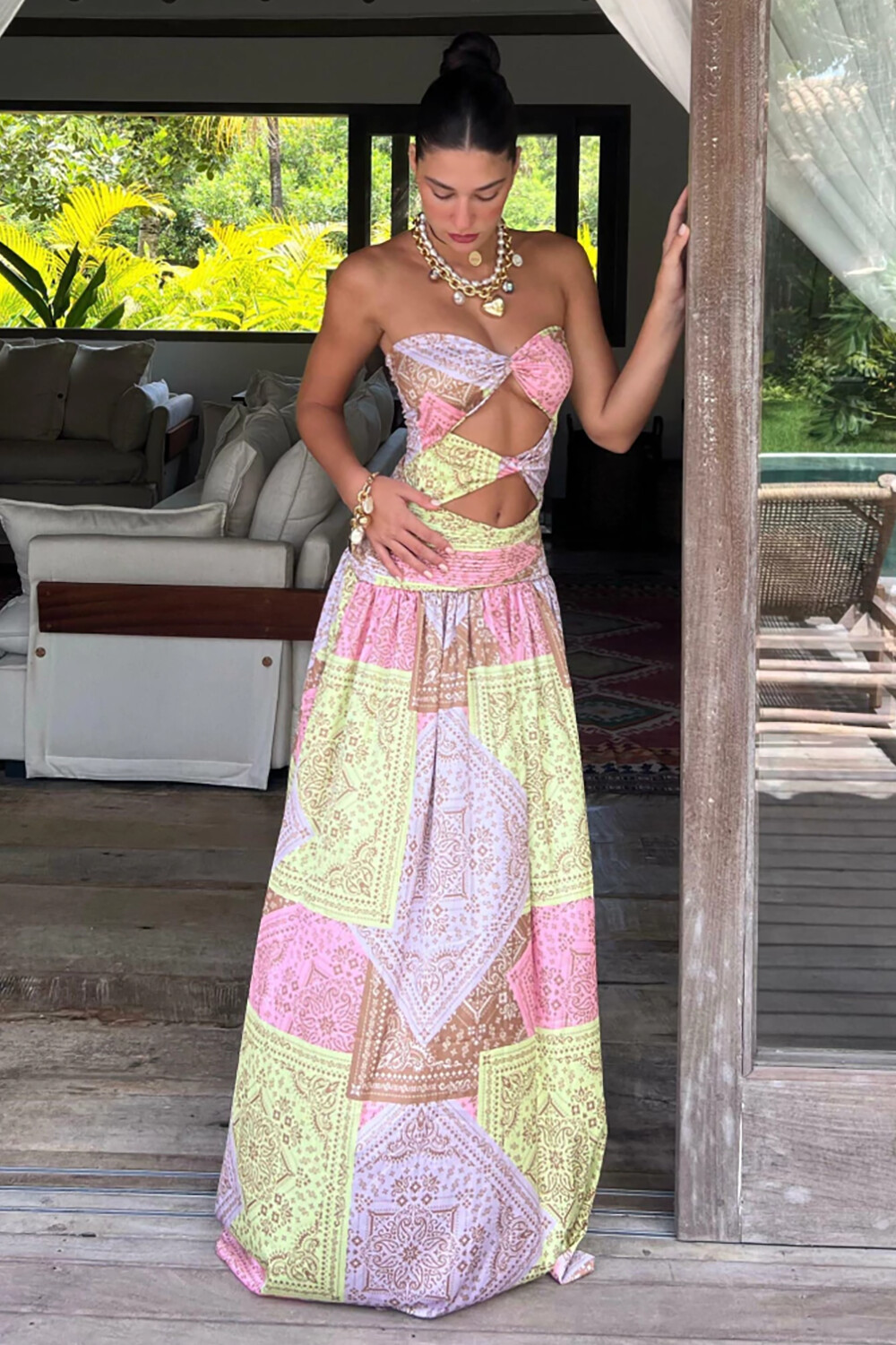 Tribal Print Strapless Cutout Slit Colorblock Maxi Dresses-Yellow [Pre Order]