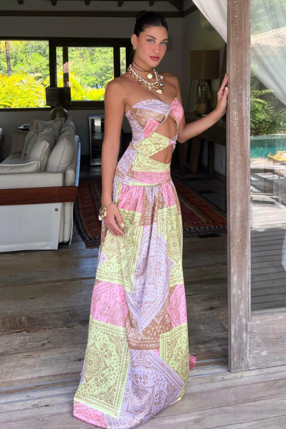 Tribal Print Strapless Cutout Slit Colorblock Maxi Dresses-Yellow [Pre Order]
