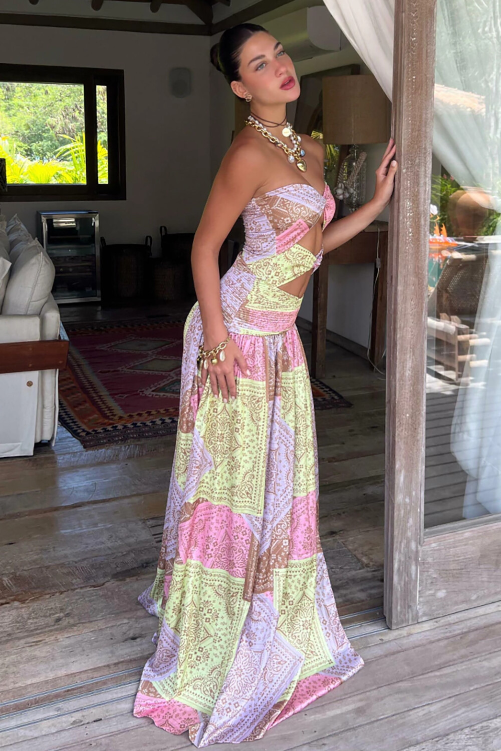 Tribal Print Strapless Cutout Slit Colorblock Maxi Dresses-Yellow [Pre Order]
