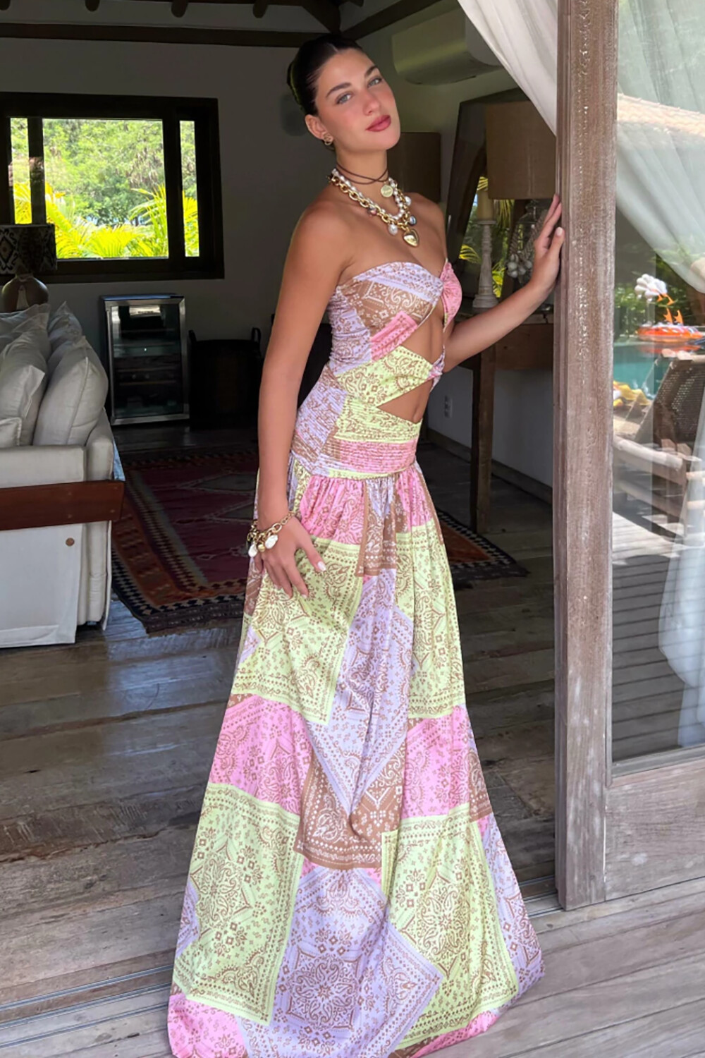 Tribal Print Strapless Cutout Slit Colorblock Maxi Dresses-Yellow [Pre Order]