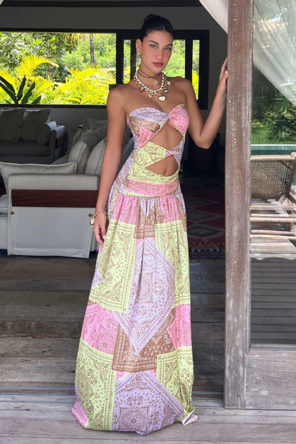 Tribal Print Strapless Cutout Slit Colorblock Maxi Dresses-Yellow [Pre Order]