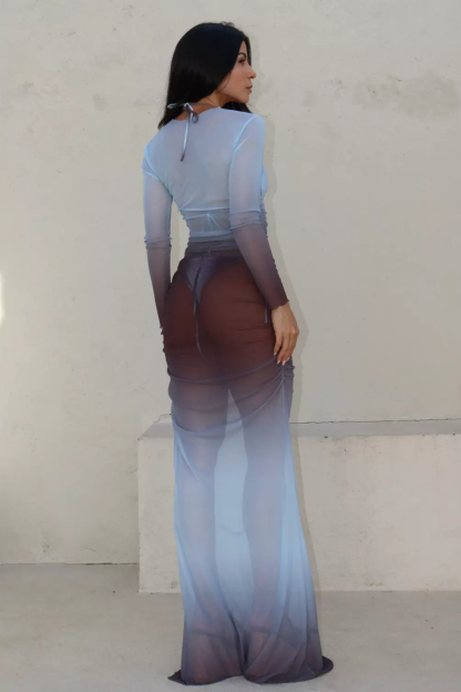 Gradient Color Long Sleeve Ruffled Semi Sheer Maxi Dresses-Blue [Pre Order]