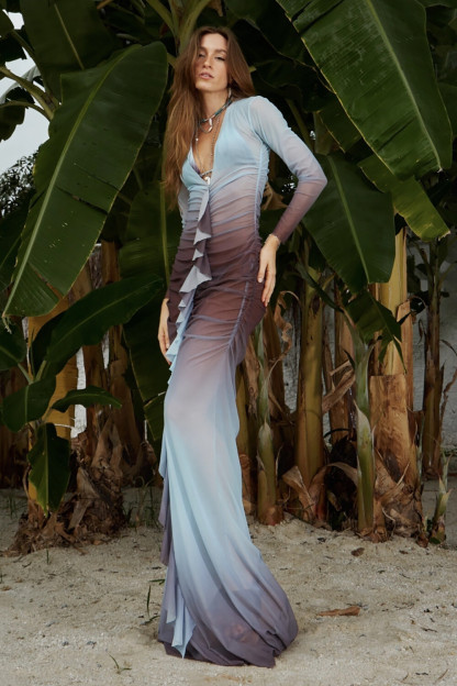 Gradient Color Long Sleeve Ruffled Semi Sheer Maxi Dresses-Blue [Pre Order]