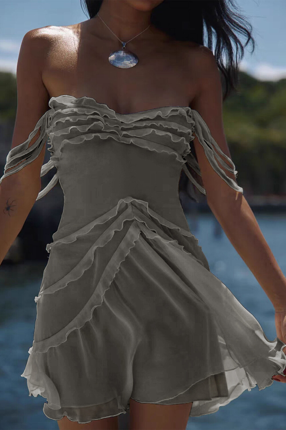 Frilled Trim Off Shoulder Strapless Mini Dresses-White