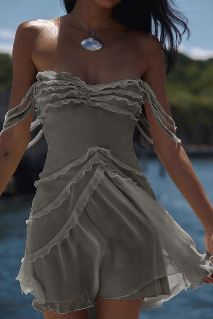 Frilled Trim Off Shoulder Strapless Mini Dresses-White