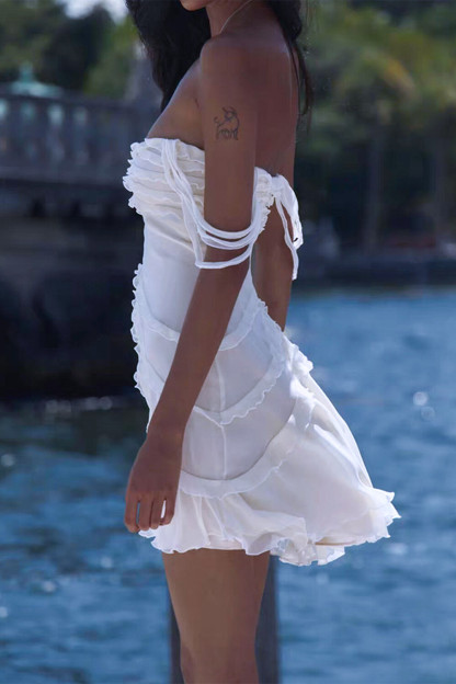 Frilled Trim Off Shoulder Strapless Mini Dresses-White
