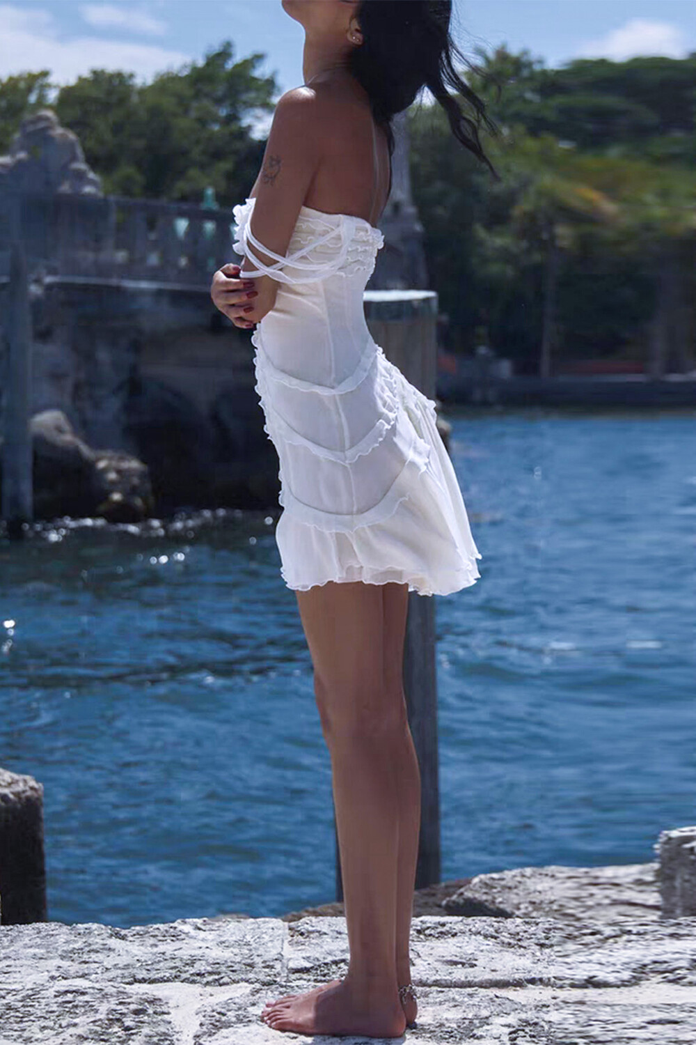 Frilled Trim Off Shoulder Strapless Mini Dresses-White
