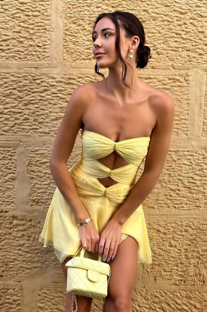Cutout Ruched Strapless A-Line Mini Dresses-Yellow