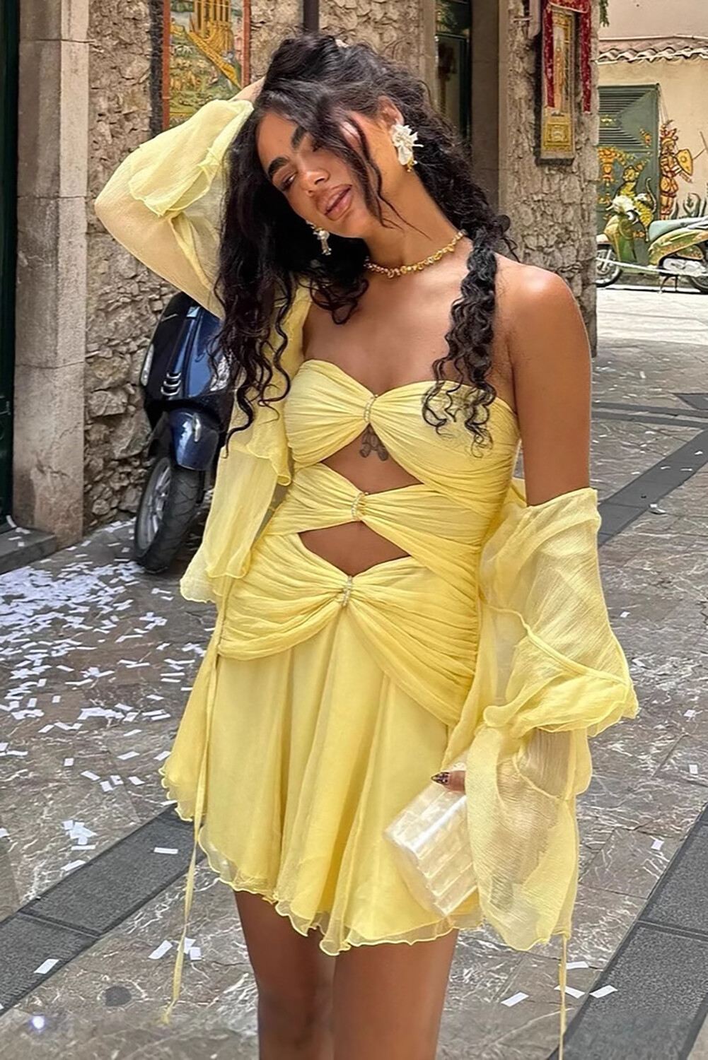 Cutout Ruched Strapless A-Line Mini Dresses-Yellow