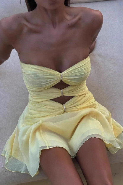 Cutout Ruched Strapless A-Line Mini Dresses-Yellow