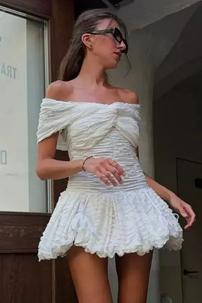 Off Shoulder Twisted Ruched Cinch Waist Textured Mini Dresses-White