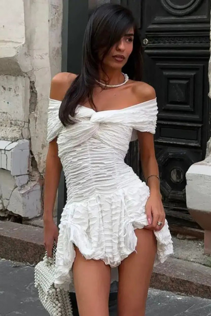 Off Shoulder Twisted Ruched Cinch Waist Textured Mini Dresses-White