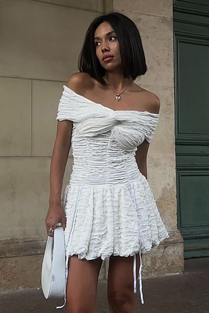 Off Shoulder Twisted Ruched Cinch Waist Textured Mini Dresses-White