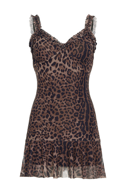 Leopard Print Frilled Trim V Neck Slim Fit Slip Mini Dresses-Brown