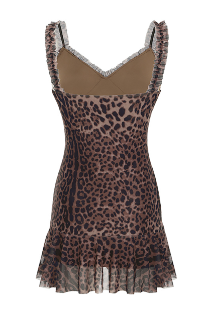 Leopard Print Frilled Trim V Neck Slim Fit Slip Mini Dresses-Brown
