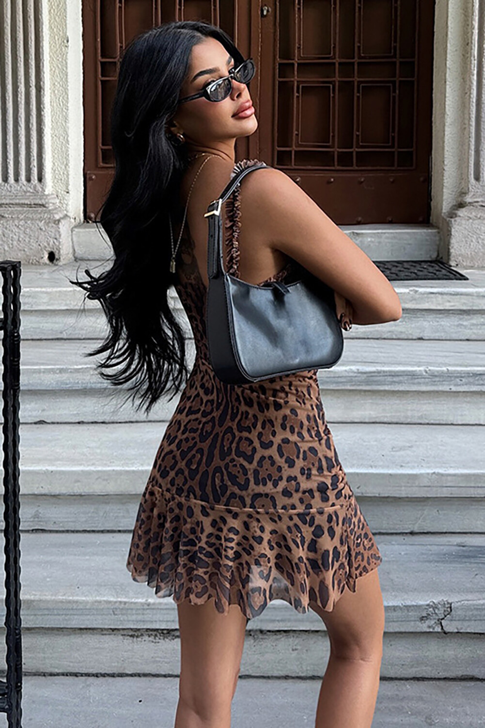 Leopard Print Frilled Trim V Neck Slim Fit Slip Mini Dresses-Brown