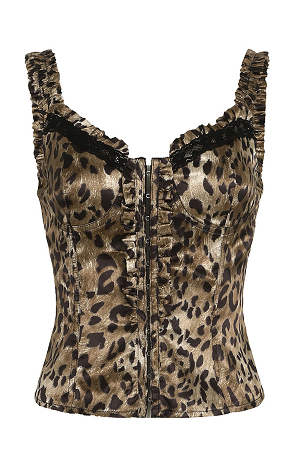 Frilled Trim Leopard Print Single-Breasted Cami-Brown