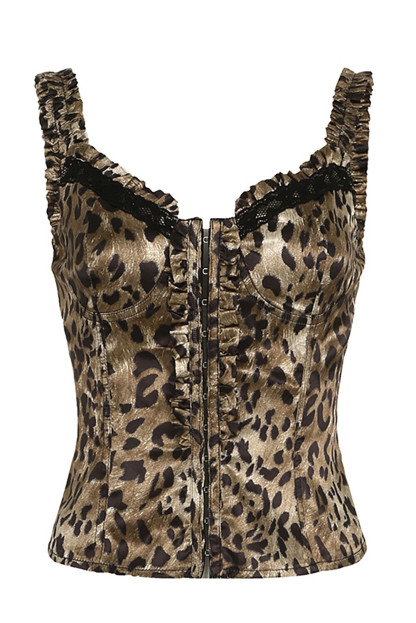 Frilled Trim Leopard Print Single-Breasted Cami-Brown