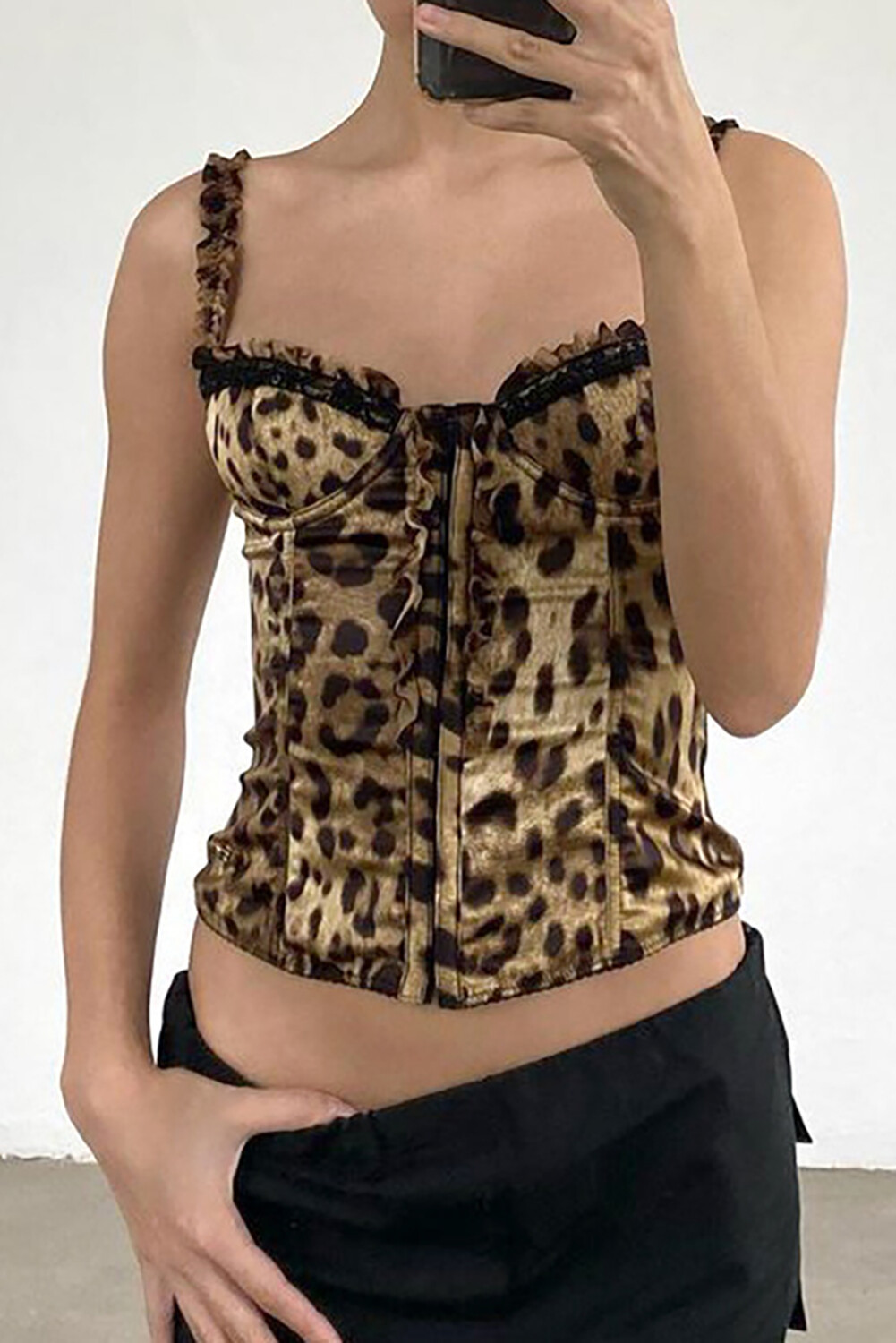 Frilled Trim Leopard Print Single-Breasted Cami-Brown