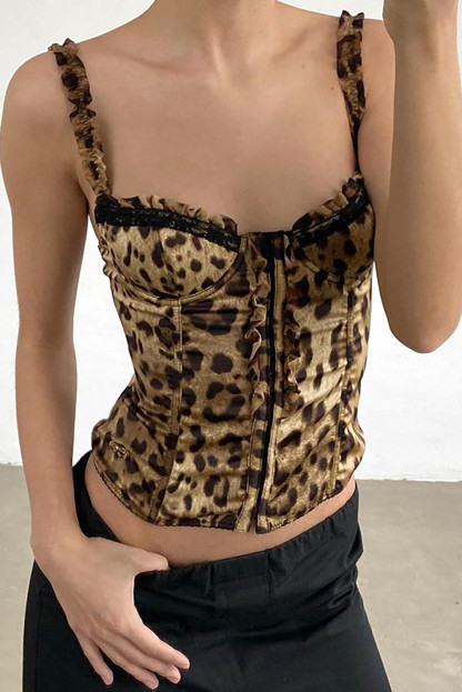 Frilled Trim Leopard Print Single-Breasted Cami-Brown