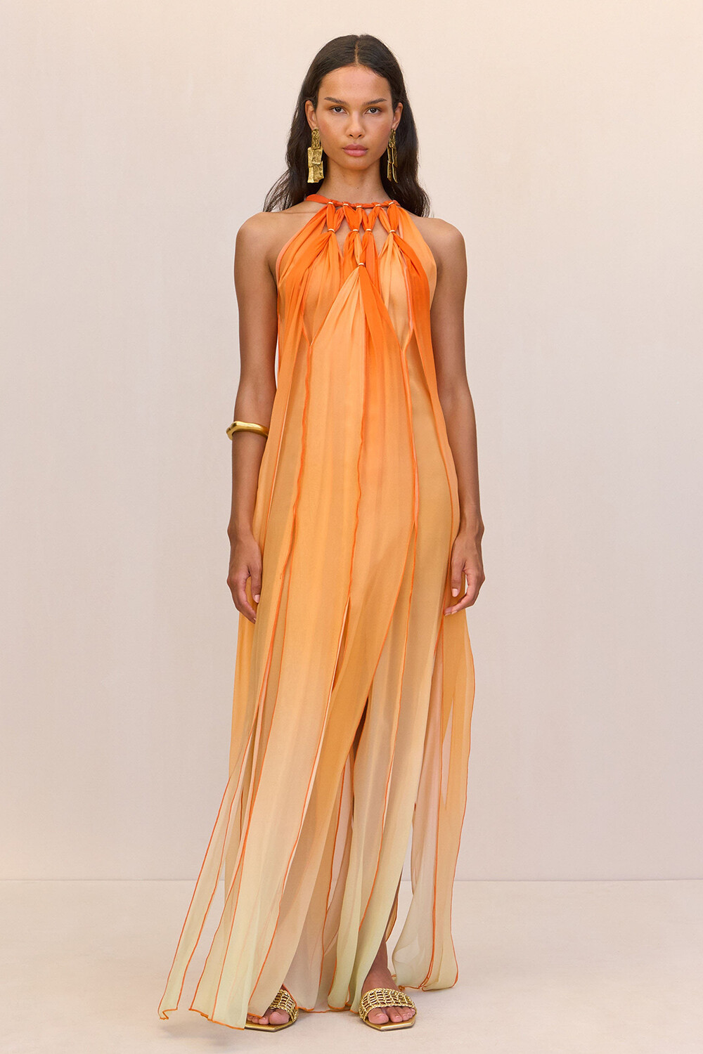 Gradient Color Fringed Hem Sleeveless Maxi Dresses-Orange [Pre Order]