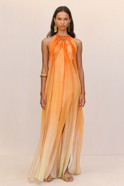 Gradient Color Fringed Hem Sleeveless Maxi Dresses-Orange [Pre Order]