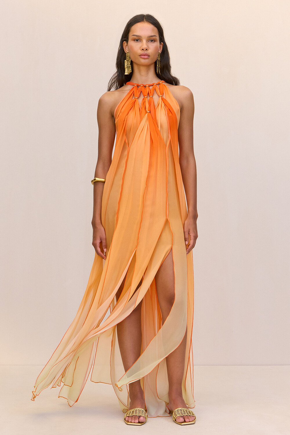 Gradient Color Fringed Hem Sleeveless Maxi Dresses-Orange [Pre Order]