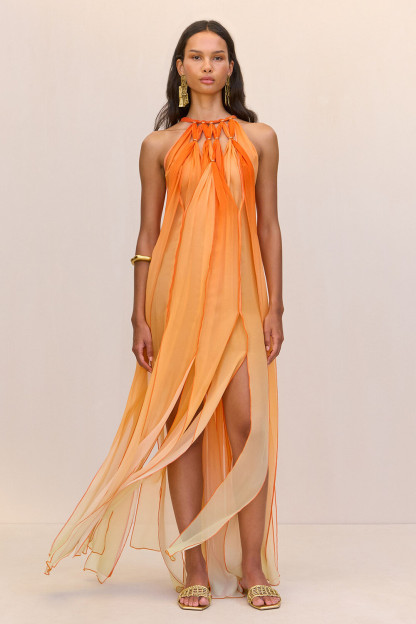 Gradient Color Fringed Hem Sleeveless Maxi Dresses-Orange [Pre Order]