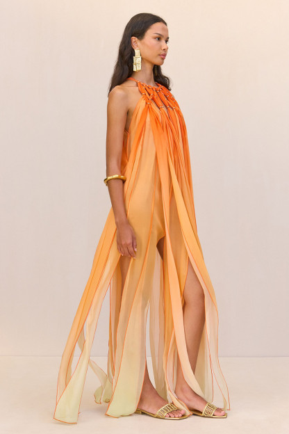 Gradient Color Fringed Hem Sleeveless Maxi Dresses-Orange [Pre Order]