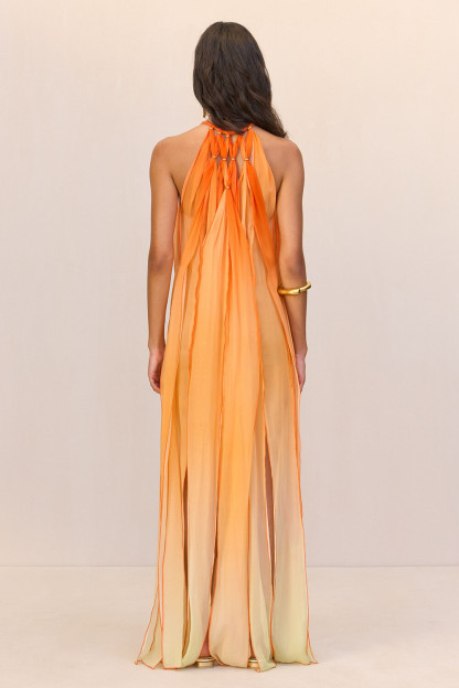 Gradient Color Fringed Hem Sleeveless Maxi Dresses-Orange [Pre Order]