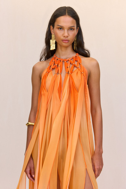 Gradient Color Fringed Hem Sleeveless Maxi Dresses-Orange [Pre Order]